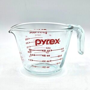 Pyrex 1 Cup Clear Measuring Cup with Red Graphics Oven Safe Made in USA